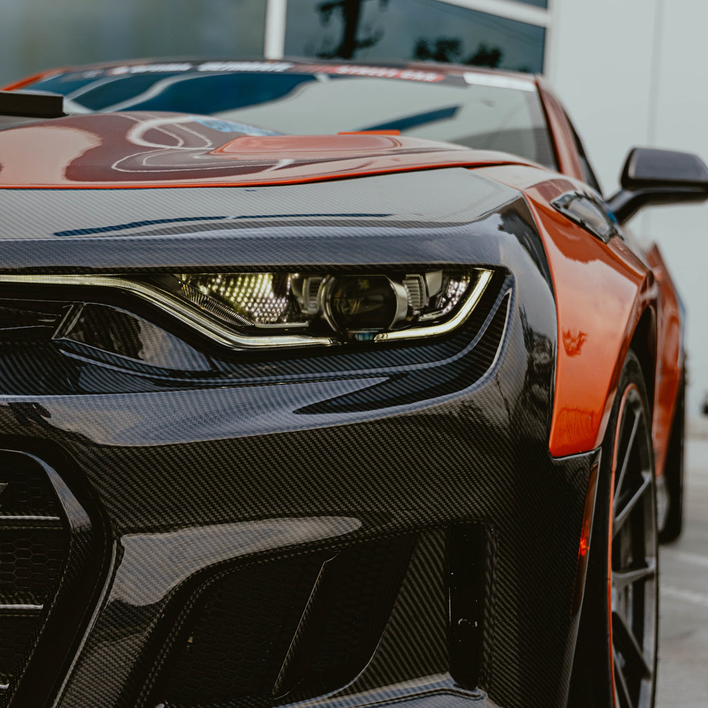 2019-2025 Chevy Camaro SS RS LT Black Panther ZL1 1LE 1PC Full Gloss Carbon Fiber Track Package Front Bumper Conversion for RS Headlights