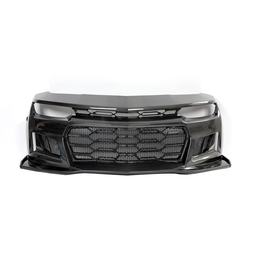 2010-2015 Chevy Camaro Black Panther 1PC Full Gloss Carbon Fiber Track Package Front Bumper Conversion