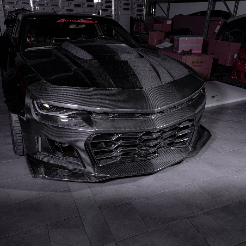 2010-2015 Chevy Camaro Black Panther 1PC Full Gloss Carbon Fiber Track Package Front Bumper Conversion