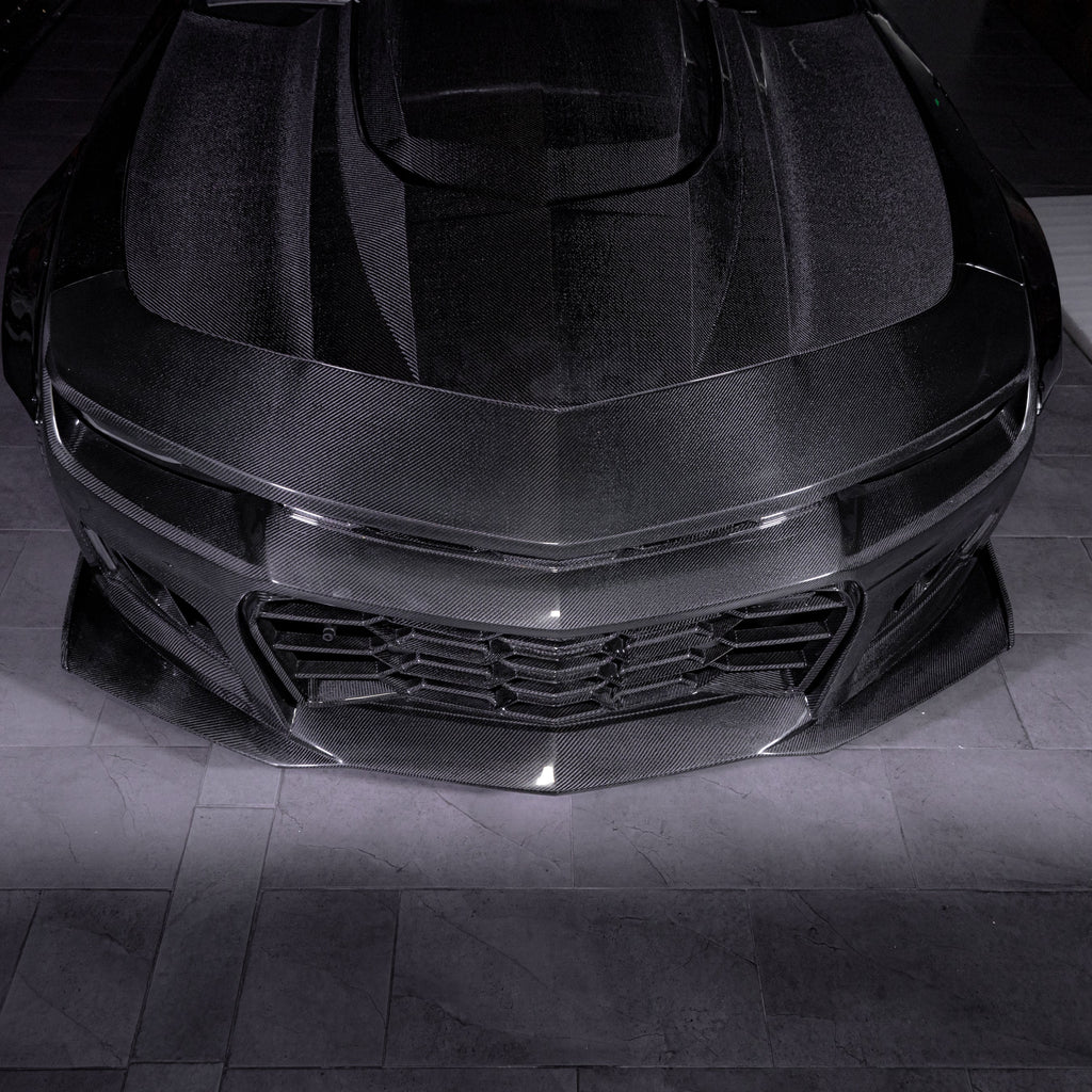 2010-2015 Chevy Camaro Black Panther 1PC Full Gloss Carbon Fiber Track Package Front Bumper Conversion