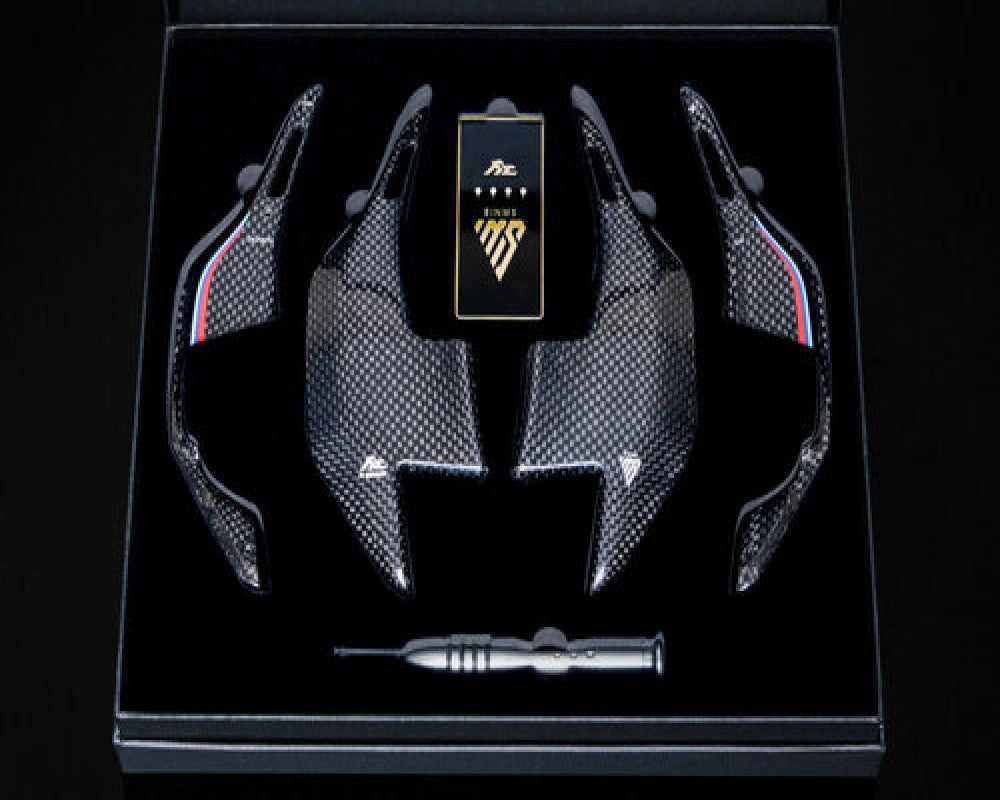 FI Exhaust Carbon Fiber Paddle Shifters Diamond Black w/ M Performance Tri-Color Stripes BMW G Series