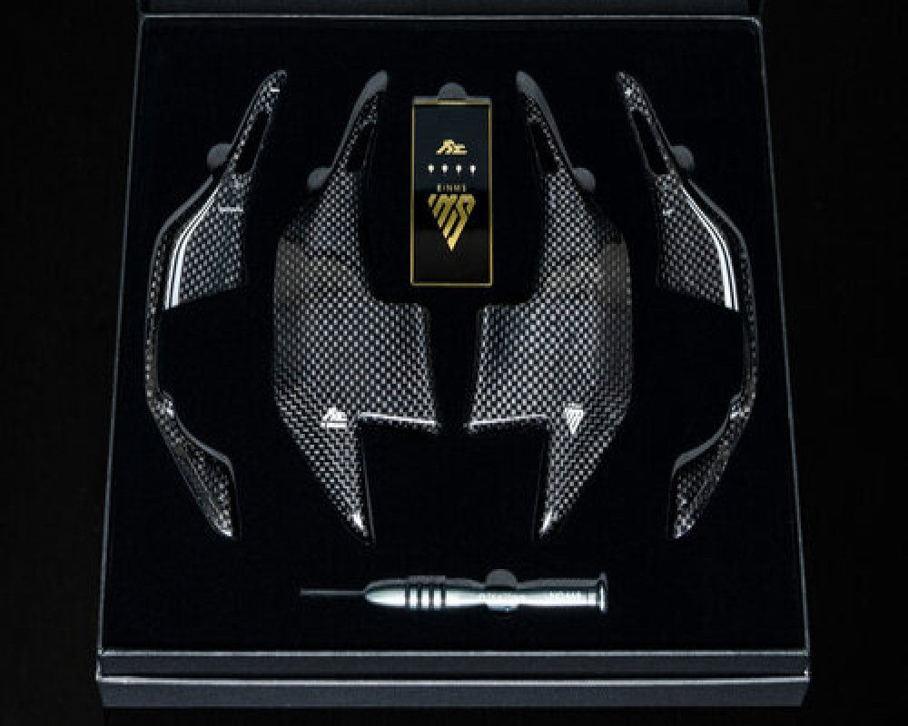 FI Exhaust Carbon Fiber Paddle Shifters Diamond Black w/ Sporty Silver Color Stripes BMW G Series